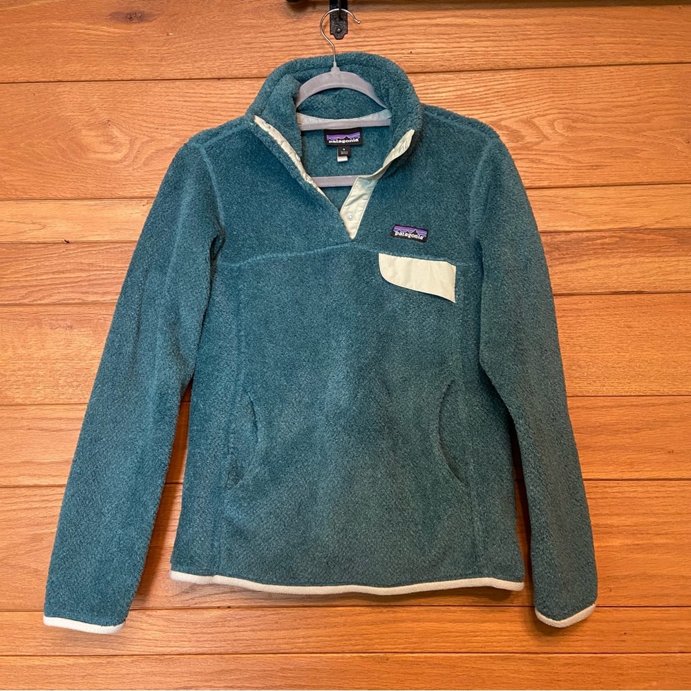 Patagonia Re-Tool blue teal fuzzy fleece snap button pullover sweatshirt